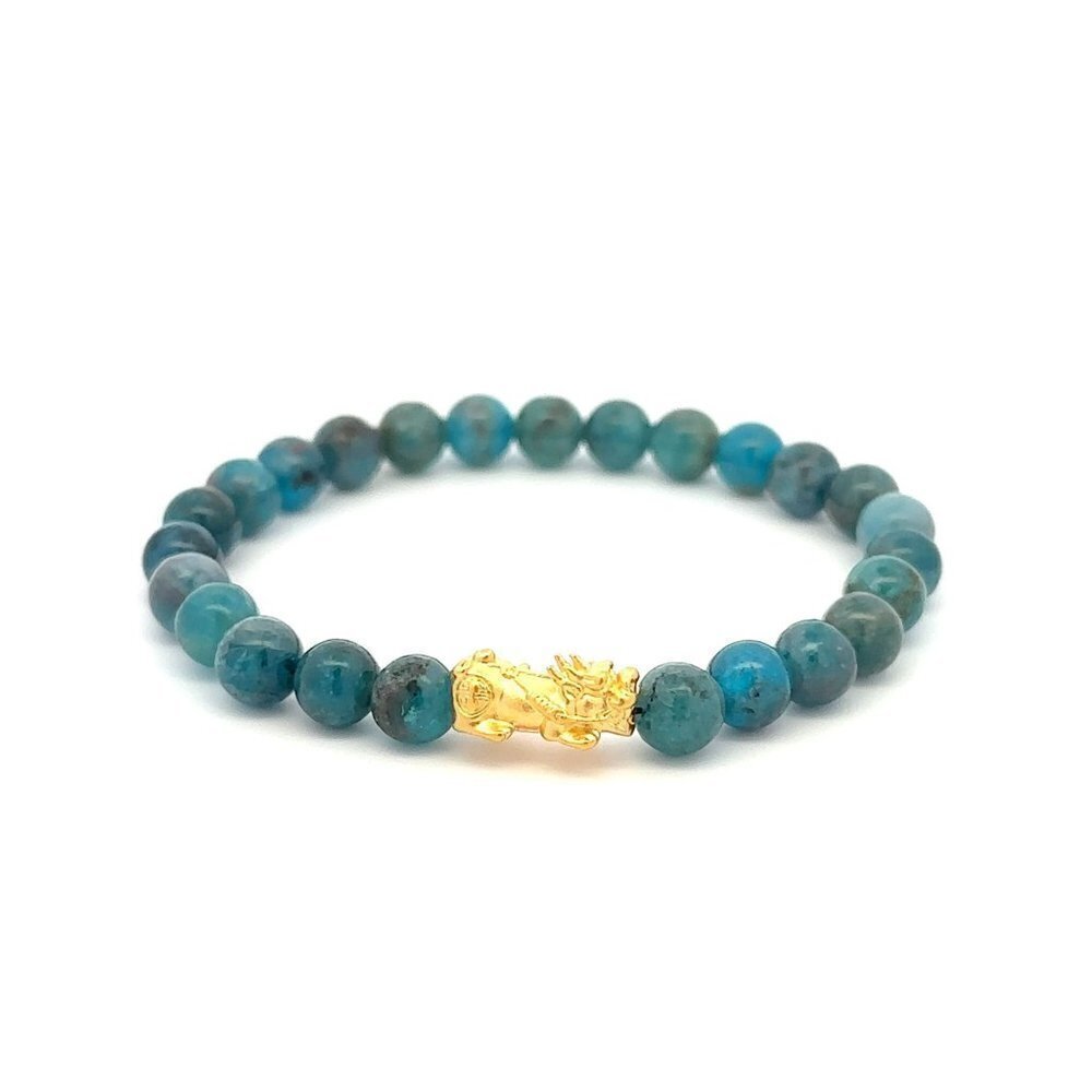 18K Gold Pixiu Piyao Bracelet Natural Gemstones Apatite 6mm Elastic Bracelet